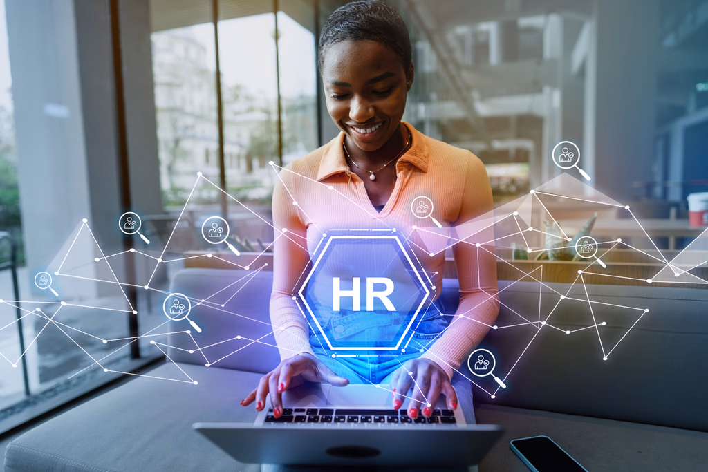 Professional with an HR technology hologram overlay